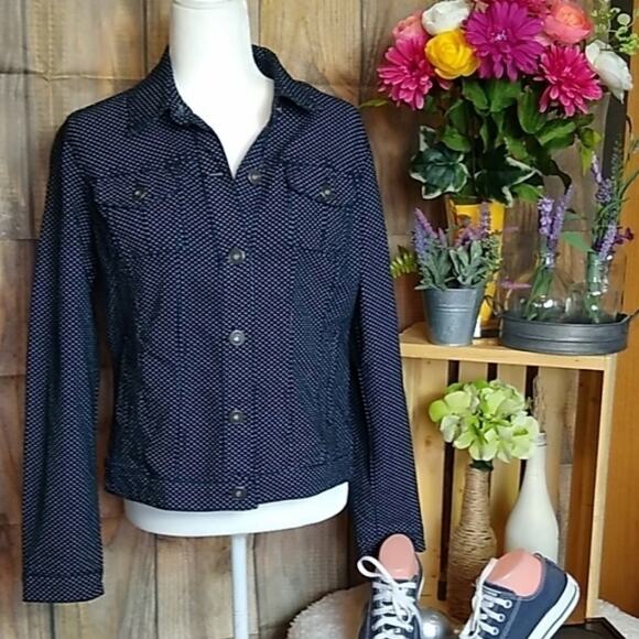Baccini Womens SZ Medium Denim Polka Dot Button Jean Jacket Stretch Dark Wash - Picture 7 of 7